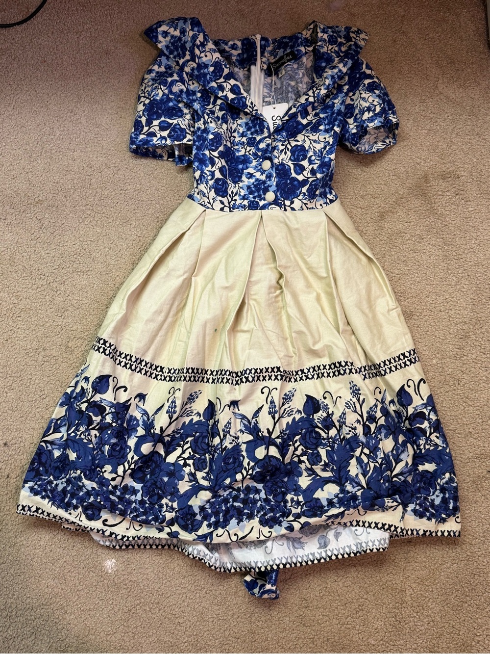 Blue Floral Fit-and-Flare Formal Dress with Cream Skirt